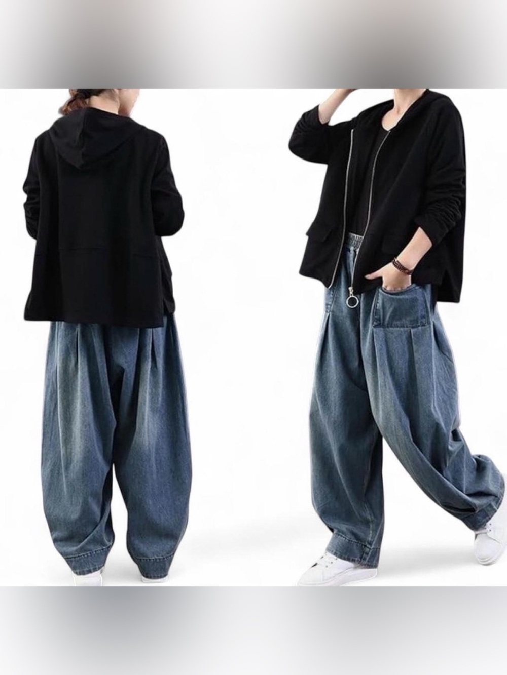 Women’s Baggy Pleated Jeans in Washed Blue - Casual Wide Fit